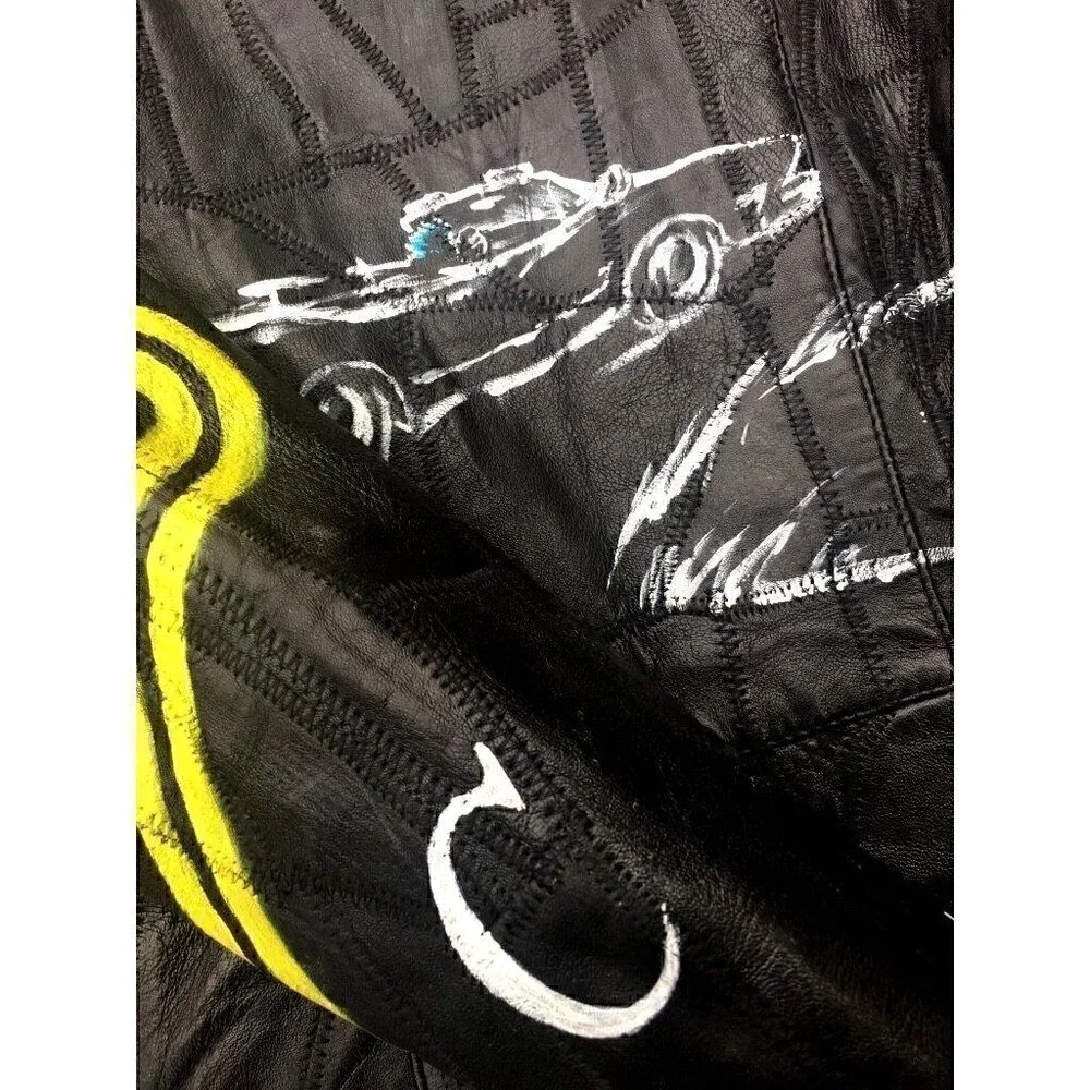 Vintage kids black leather patch zip-up jacket, yellow and white hand painted 4T